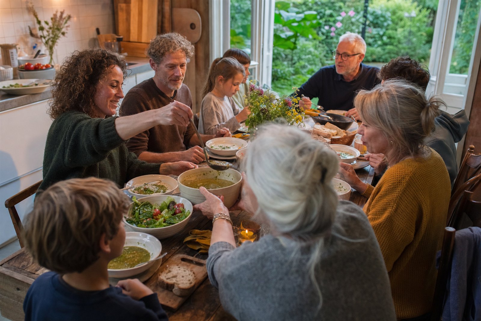 Buren van verschillende leeftijden delen soep en brood aan tafel
