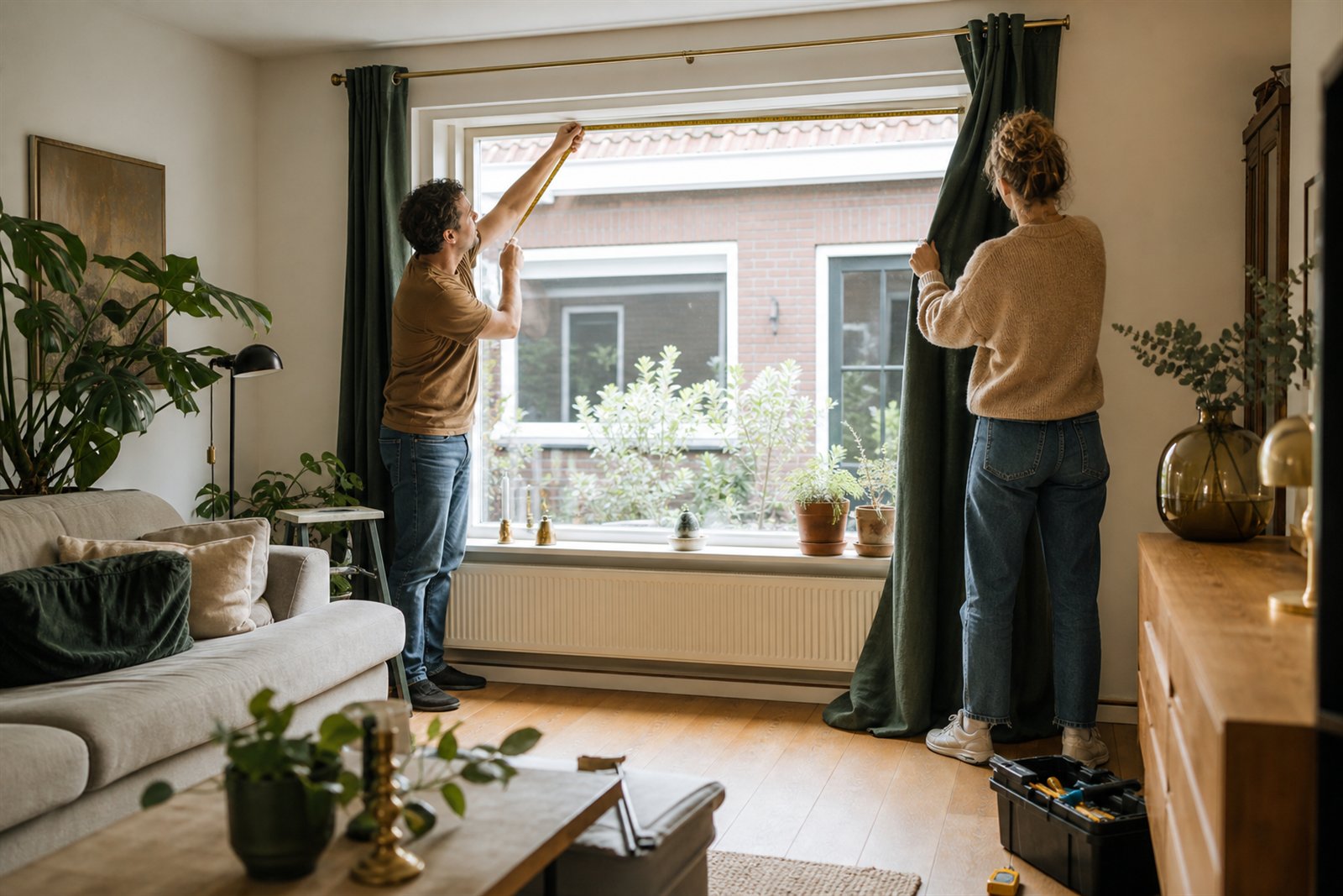 Twee bewoners meten een raam op voor nieuwe gordijnen