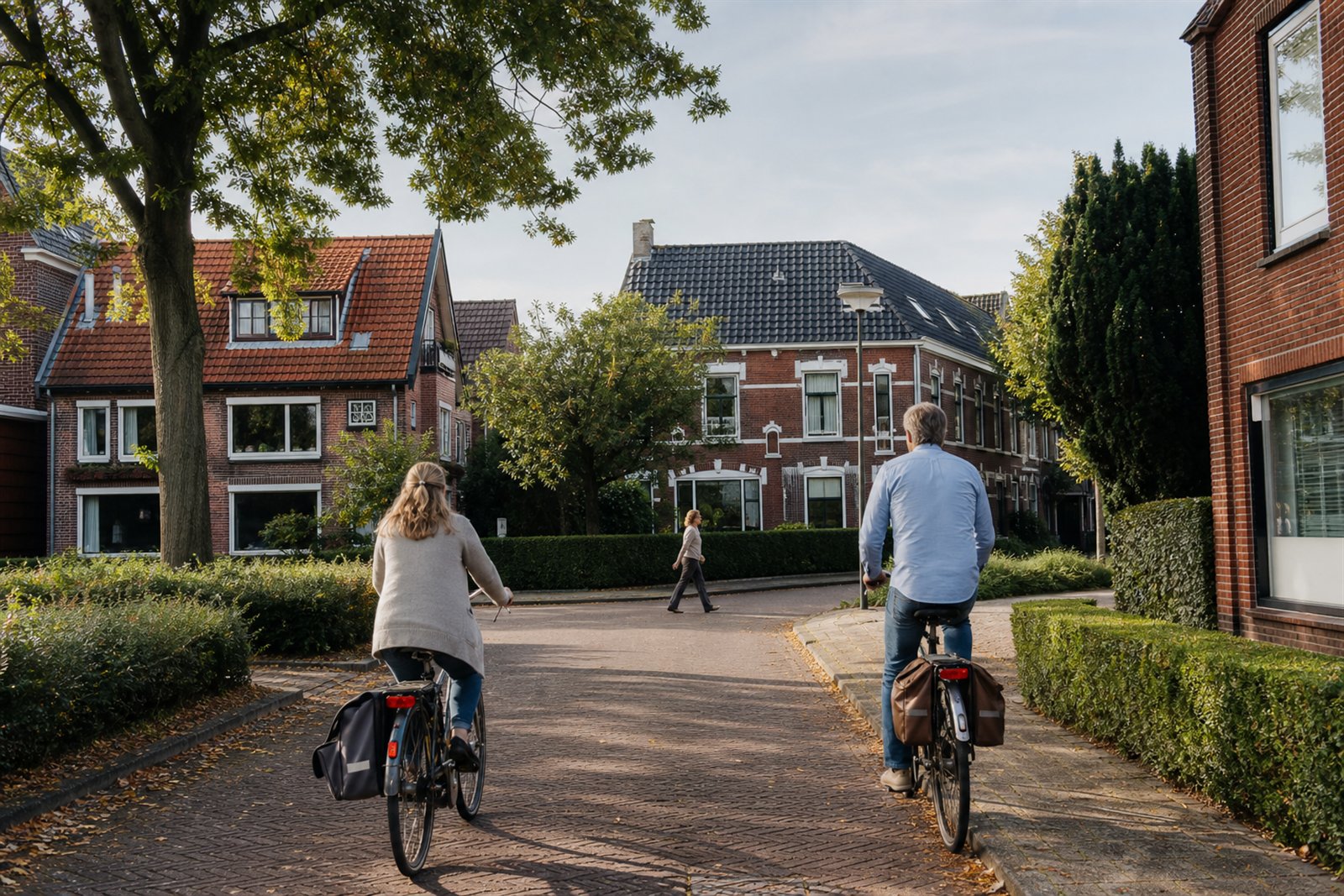 Twee fietsers en een wandelaar in een groene woonstraat