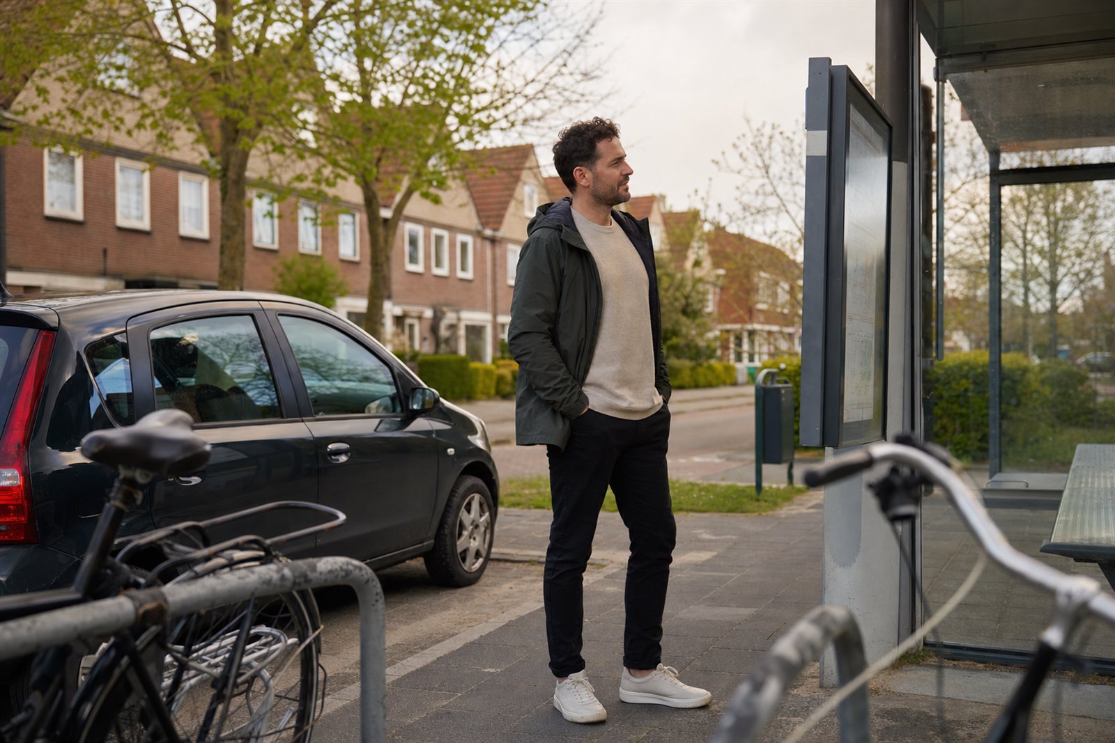 Man bekijkt reisinformatie naast een kleine auto en fietsen
