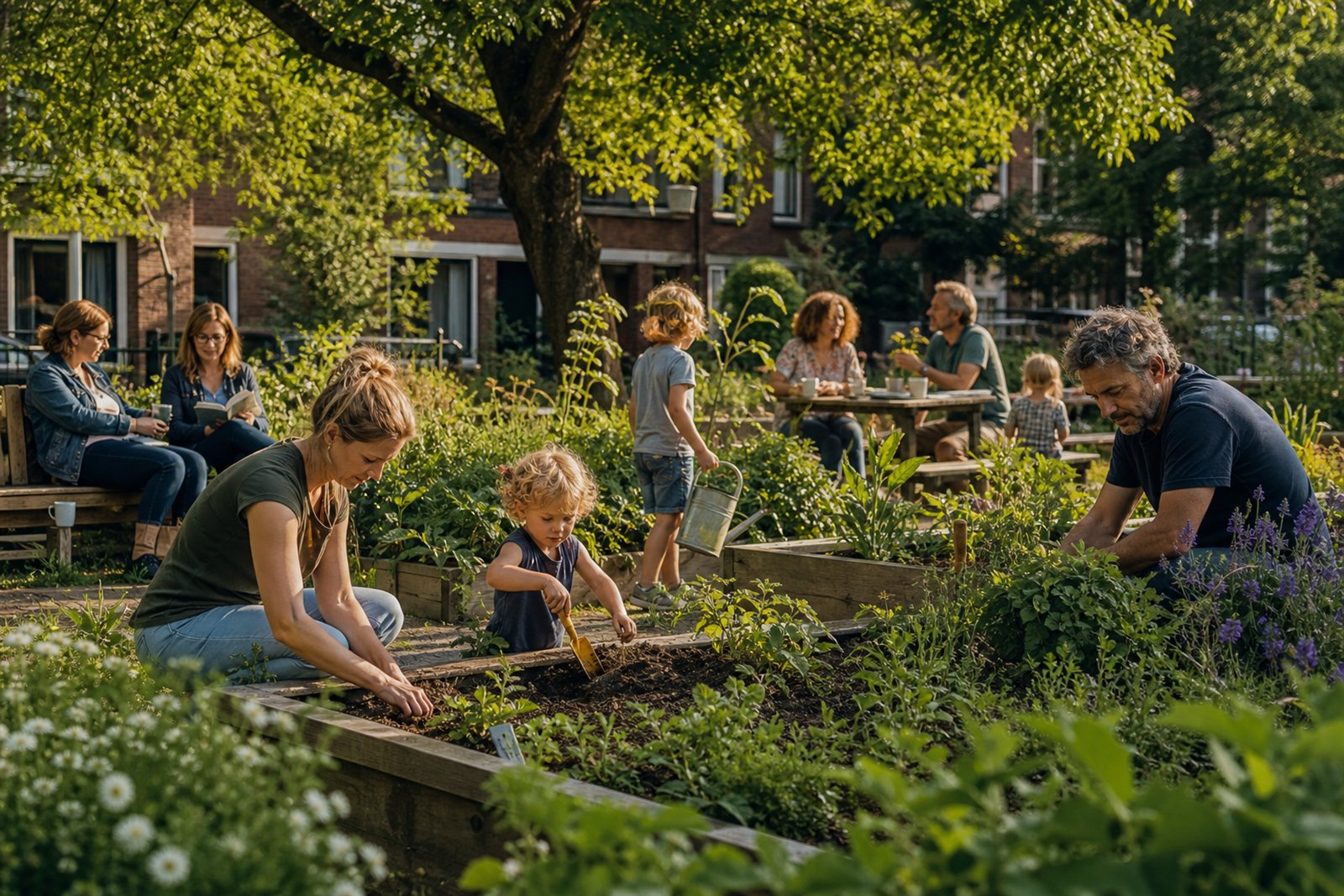 Buurtbewoners tuinieren, lezen en praten in een groene gedeelde tuin
